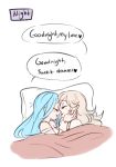  2girls aqua_(fire_emblem_if) aqua_hair blanket blonde_hair blush closed_eyes dashingicecream english face-to-face fire_emblem fire_emblem_if lowres lying multiple_girls my_unit_(fire_emblem_if) on_side open_mouth pillow smile under_covers yuri 