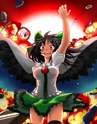  1girl :d arm_cannon arm_up backlighting bird_wings black_hair black_legwear black_wings bow breasts cape explosion hair_bow highres kagachan open_mouth red_eyes reiuji_utsuho rubble short_sleeves skirt skirt_lift smile solo thigh-highs third_eye touhou weapon wind wind_lift wings 