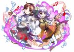  2girls barefoot biwa_lute brown_eyes brown_hair dress flower full_body hair_flower hair_ornament hairband instrument long_hair long_sleeves looking_at_viewer low_twintails lute_(instrument) multiple_girls musical_note open_mouth playing_instrument purple_hair shirt short_hair skirt smile socha touhou tsukumo_benben tsukumo_yatsuhashi twintails violet_eyes white_background 