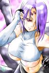  1girl arachne breasts carapace claws cowboy_shot detached_sleeves extra_eyes insect_girl monster_girl monster_musume_no_iru_nichijou multiple_legs pink_eyes purple_hair rachnera_arachnera s-now signature solo spider_girl under_boob 