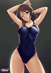  1girl armpits arms_behind_head bare_arms bare_legs bare_shoulders black_background blue_eyes blue_swimsuit breasts brown_hair competition_swimsuit copyright_name covered_navel covered_nipples cowboy_shot highleg highleg_swimsuit highres large_breasts looking_at_viewer love_live! love_live!_sunshine!! one-piece_swimsuit one_eye_closed short_hair swimsuit thighs tongue tongue_out tony_guisado watanabe_you 