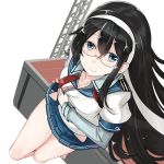  1girl bare_legs barefoot black_hair blue_eyes breasts cleavage commentary_request dutch_angle epaulettes glasses hair_ribbon hairband hip_vent kantai_collection long_hair long_sleeves looking_at_viewer military military_uniform naval_uniform ooyodo_(kantai_collection) ribbon school_uniform semi-rimless_glasses serafuku smile solo sts tress_ribbon twitter_username under-rim_glasses uniform 
