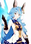  1girl animal_ears bangs bare_shoulders belt blue_hair breasts buttons chain collar dress embroidery erun_(granblue_fantasy) eyebrows eyebrows_visible_through_hair ferry_(granblue_fantasy) frills gloves granblue_fantasy hair_between_eyes jewelry long_hair looking_to_the_side raised_hand revealing_clothes side_cutout sideboob single_earring sleeveless sleeveless_dress so_shina solo star very_long_hair 