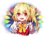  1girl :d blonde_hair blush fangs flandre_scarlet gradient gradient_background kuronohana looking_at_viewer no_hat open_mouth pointy_ears portrait puffy_sleeves red_eyes shirt short_sleeves side_ponytail smile solo touhou vest wings 