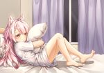  1girl absurdres animal_ears barefoot bed_sheet braid crease curtains fake_animal_ears highres holding holding_pillow indoors legs_folded lonely long_hair night no_pants on_bed pillow pink_hair ray_(pixiv9514208) reclining shimakaze_(zhan_jian_shao_nyu) shirt sky solo star_(sky) starry_sky thighs white_shirt window yellow_eyes zhan_jian_shao_nyu 