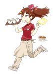  1girl apron brown_eyes brown_hair cup employee_uniform go_yasukuni gyuudon hat highres kantai_collection ryuujou_(kantai_collection) solo sukiya tray twintails uniform yunomi 