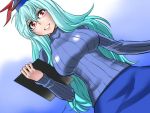 1girl :d alternate_costume bespectacled blue_hair blue_skirt blush commentary_request contemporary glasses grin hat kamishirasawa_keine kurirou long_hair long_sleeves looking_at_viewer open_mouth red_eyes ribbed_sweater skirt smile solo sweater touhou upper_body 