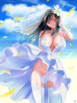  1girl black_hair blue_eyes breasts choker cleavage clouds dress dress_lift final_fantasy final_fantasy_vii garter_straps grin highres large_breasts looking_at_viewer no_panties revision shiny shiny_skin sky smile solo suuitchi thigh-highs tifa_lockhart veil wedding_dress white_legwear wind wind_lift 