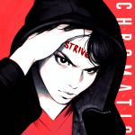  1boy black_eyes black_hair body_writing closed_mouth eyelashes forehead hand_in_hair hand_on_own_head heterochromia hood hoodie ilya_kuvshinov light_frown long_sleeves male_focus original pale_skin portrait red red_background solo text 