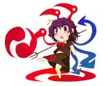  /\/\/\ 1girl asymmetrical_wings barefoot black_eyes black_hair blush chibi highres houjuu_nue moniringo open_mouth polearm solo sweatdrop touhou trident weapon wings 