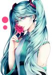  1girl aqua_eyes aqua_hair detached_sleeves flower_in_mouth hatsune_miku ling_(vivianling) long_hair looking_at_viewer necktie shirt solo twintails upper_body very_long_hair vocaloid 