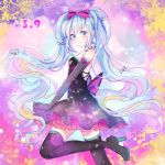  1girl 39 artist_name blue_eyes blue_hair boots dated dorris dress elbow_gloves from_side gloves hatsune_miku high_heels long_hair looking_at_viewer petticoat smile solo thigh-highs thigh_boots twintails very_long_hair vocaloid 