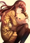  1girl :3 bangs blush brown_eyes brown_hair brown_legwear closed_mouth fate/extra fate/extra_ccc fate_(series) from_side holding_stuffed_animal hug jacket kishinami_hakuno_(female) legs_folded light_frown long_hair long_sleeves looking_at_viewer miniskirt pantyhose pleated_skirt school_uniform skirt solo sorao_(ichhimo) stuffed_animal stuffed_lion stuffed_toy yellow yellow_background yellow_jacket yellow_skirt 