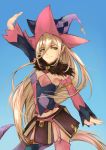  1girl arm_up black_legwear blonde_hair blue_background book detached_sleeves feather_boa green_eyes hat highres long_hair looking_at_viewer magilou_(tales) mismatched_legwear pink_legwear pointy_ears smile solo soysae tales_of_(series) tales_of_berseria thigh-highs thigh_strap witch_hat 