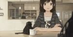  2girls absurdres arm_support blurry brown_eyes brown_hair cat commentary cup depth_of_field highres indoors kitchen kitten long_hair looking_at_viewer multiple_girls muted_color original plant potted_plant refrigerator shion_(mirudakemann) short_hair smile sonic_youth teacup 