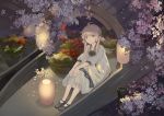  1girl ao_hitomi basket boat cherry_blossoms double_bun food from_above lantern light_smile long_hair looking_at_viewer original paper_lantern petals pixiv_fantasia pixiv_fantasia_t scenery silver_hair sitting solo tree vegetable water 