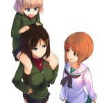  3girls absurdres blonde_hair blue_eyes breasts brown_eyes brown_hair carrying fang girls_und_panzer highres katyusha multiple_girls nishizumi_miho nonna shoulder_carry skirt smile wawawa_(hisuterisisusa) white_background 