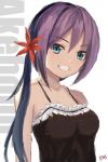  1girl akebono_(kantai_collection) bangs bare_shoulders blue_eyes camisole collarbone commentary_request flower grin hair_flower hair_ornament kantai_collection looking_at_viewer purple_hair side_ponytail smile solo spaghetti_strap yanagi_wakana 