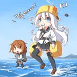  2girls afloat blue_eyes blush_stickers brown_eyes brown_hair commentary_request cyrillic eating fish food hair_ornament hairclip hibiki_(kantai_collection) horizon ikazuchi_(kantai_collection) kantai_collection long_hair machinery multiple_girls onigiri pleated_skirt pot_on_head russian school_uniform serafuku short_hair skirt sparkle sweat thigh-highs translated twitter_username verniy_(kantai_collection) white_hair yaosera zettai_ryouiki 