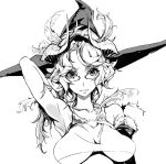  1girl adjusting_hair arm_up armpits bra collarbone elf endou_okito glasses hand_behind_head hat long_hair looking_at_viewer monochrome parted_lips pointy_ears smile solo underwear witch_hat 