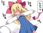  1girl blonde_hair blush bow commentary dress hair_bow hammer_(sunset_beach) long_hair looking_to_the_side lying nose_blush on_back shanghai_doll sweat tagme touhou translated 