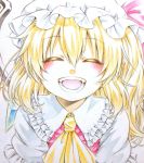  1girl :d ^_^ ascot blonde_hair blush closed_eyes crystal fang flandre_scarlet happy hat hat_ribbon mob_cap nora_wanko open_mouth pointy_ears portrait puffy_sleeves ribbon shirt short_sleeves side_ponytail simple_background smile solo teeth touhou traditional_media vest wings 