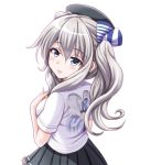  1girl alternate_costume beret blue_eyes employee_uniform hat kantai_collection kashima_(kantai_collection) lawson long_hair looking_at_viewer pleated_skirt shaft_look shirt silver_hair skirt smile solo striped striped_shirt t-shirt tk8d32 twintails uniform vertical_stripes 