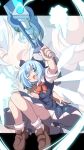  1girl ;d blue_dress blue_eyes blue_hair bow cirno do_(4-rt) dress fang female gun hair_bow highres ice ice_wings one_eye_closed open_mouth puffy_short_sleeves puffy_sleeves shirt short_sleeves smile solo splatoon super_soaker touhou upskirt water_gun weapon wings zoom_layer 