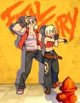  1boy 1girl abs baggy_pants bare_shoulders baseball_cap belt blonde_hair blue_mary copyright_name crop_top denim fatal_fury fingerless_gloves gloves graffiti guirm halterneck hat jeans long_hair midriff muscle navel pants ponytail short_hair smile snk straight_hair tank_top terry_bogard the_king_of_fighters vest 