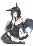  1girl animal_ears bell black_hair black_legwear collarbone detached_sleeves fox_ears fox_tail green_eyes highres karakura long_hair looking_at_viewer original pleated_skirt skirt solo tail thigh-highs white_background wide_sleeves zettai_ryouiki 