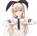  1girl bare_shoulders blonde_hair blush breast_conscious breast_hold eyebrows gloves hairband highres kakutasu kantai_collection long_hair looking_at_viewer pout shimakaze_(kantai_collection) simple_background solo upper_body very_long_hair white_background white_gloves yellow_eyes 