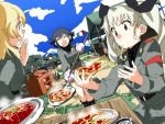  3girls anchovy black_hair blonde_hair braid carpaccio carro_armato_p40 food girls_und_panzer italian_flag long_hair military military_uniform multiple_girls pepperoni_(girls_und_panzer) pizza short_hair twintails uniform 