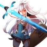  1girl ahoge armor armored_dress blue_dress dakunesu dark_skin dress granblue_fantasy highres holding holding_sword holding_weapon long_hair open_mouth red_eyes short_dress simple_background solo sword the_order_grande thigh-highs weapon white_background white_hair 