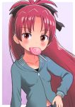  1girl bow candy casual collarbone hair_bow hood hoodie lollipop long_hair mahou_shoujo_madoka_magica mouth_hold navel qm red_eyes redhead sakura_kyouko solo swirl_lollipop 