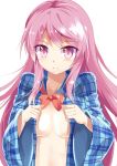  1girl blue_shirt blush bow bowtie breasts breasts_apart closed_mouth collarbone collared_shirt e.o. hata_no_kokoro highres long_hair looking_at_viewer no_bra pink_eyes pink_hair plaid plaid_shirt red_bow red_bowtie shirt simple_background small_breasts solo touhou tsurime undressing upper_body very_long_hair white_background wide_sleeves 