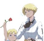  /\/\/\ 1boy 1girl adjusting_bow arm_up bangs black_bow black_bowtie black_gloves blonde_hair blue_eyes bow bowtie breasts brother_and_sister child closed_mouth collared_shirt earrings fingerless_gloves flower gift gloves holding holding_flower jean_(snk) jewelry king_(snk) long_sleeves loped parted_bangs red_flower red_rose rose shirt short_hair short_sleeves siblings simple_background smile snk the_king_of_fighters upper_body white_background white_shirt 