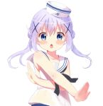 1girl blue_eyes blue_hair blush chestnut_mouth collarbone gochuumon_wa_usagi_desu_ka? hat kafuu_chino long_hair looking_at_viewer neckerchief official_style open_mouth pose sailor_collar sailor_hat sanan simple_background sleeveless solo twintails white_background x_hair_ornament 