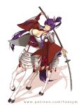  1girl animal_ears armor breasts centaur cleavage holding holding_weapon horse_ears japanese_clothes kimono long_hair looking_at_viewer pathfinder polearm ponytail purple_hair red_eyes solo tail taosym very_long_hair watermark weapon web_address 