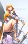  1girl absurdres armor ass blonde_hair breasts brown_hair cherrylich cleavage gauntlets high_heels highres lips looking_at_viewer parted_lips short_hair sitting solo sword watermark weapon web_address 