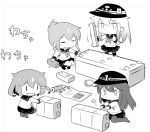  4girls akatsuki_(kantai_collection) anchor_symbol badge chibi commentary fang flat_cap folded_ponytail hair_ornament hairclip hanomido hat hibiki_(kantai_collection) ikazuchi_(kantai_collection) inazuma_(kantai_collection) kantai_collection lego long_hair long_sleeves minigirl monochrome multiple_girls neckerchief pencil pleated_skirt ponytail school_uniform serafuku short_hair skirt thigh-highs |_| 