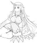  1girl breasts claws dress froggle greyscale horn kantai_collection large_breasts long_hair looking_away monochrome ribbed_dress seaport_hime short_dress shoulders sitting sketch solo very_long_hair white_background white_hair 