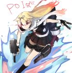  1girl black_legwear black_ribbon black_serafuku blonde_hair glowing glowing_eye gradient_hair gun hair_between_eyes hair_flaps hair_ornament hair_ribbon hairclip holding holding_gun holding_weapon kantai_collection long_hair machinery multicolored_hair poi red_eyes remodel_(kantai_collection) ribbon scarf school_uniform serafuku skirt solo torpedo turret weapon weasel_(close-to-the-edge) white_scarf yuudachi_(kantai_collection) 