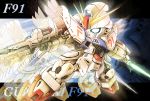  afterimage beam_rifle beam_saber character_name chibi copyright_name dual_wielding energy_gun f91_gundam flying glowing gundam gundam_f91 letterboxed mecha no_humans outside_border science_fiction solo takamaru weapon zoom_layer 