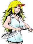  1girl :d bare_shoulders blonde_hair breaking breasts cleavage commentary_request cowboy_shot horn hoshiguma_yuugi kurirou large_breasts long_hair open_mouth racket red_eyes sleeveless smile solo sportswear tennis_racket tennis_uniform touhou upper_body white_background 