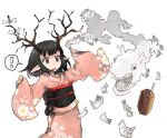  ! 1girl 2012 antlers black_eyes commentary_request dragon eastern_dragon happy_new_year japanese_clothes kasa kimono new_year obi original pointy_ears sash spoken_exclamation_mark sweatdrop white_background wide_sleeves 