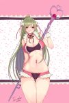  1girl 2016 :q absurdres bell bell_choker bishoujo_senshi_sailor_moon bra breasts choker cleavage cowboy_shot gloves green_hair hair_bun highres iri-neko licking_lips long_hair looking_at_viewer meiou_setsuna navel_piercing panties piercing signature solo staff thigh_gap time_staff tongue tongue_out underwear violet_eyes white_gloves 