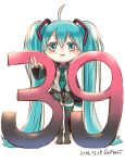  1girl 39 aqua_eyes aqua_hair hatsune_miku lma long_hair necktie number_pun solo thigh-highs tiptoes twintails v vocaloid 