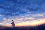  1girl backlighting capelet clouds commentary dress dutch_angle fantasy field from_behind grass horizon lens_flare light_rays original pleated_dress sakimori_(hououbds) scenery short_hair sky solo sunrise wind 