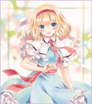  1girl alice_margatroid arm_up blonde_hair blue_dress blue_eyes blush capelet colored_pencil_(medium) daisy dress flower gradient gradient_background hairband lolita_hairband looking_at_viewer marker_(medium) open_mouth petals petticoat potto_(minntochan) puffy_short_sleeves puffy_sleeves puppet_rings purple_border ribbon sample sash short_hair short_sleeves smile solo touhou traditional_media 