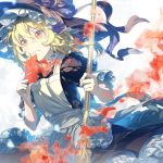  1girl apron bamboo_broom black_dress blonde_hair bow braid broom dress hat hat_bow kirisame_marisa puffy_short_sleeves puffy_sleeves short_sleeves single_braid solo spell_card touhou wind witch_hat yellow_eyes zounose 
